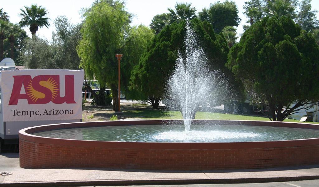 a fountain outside the auditorium