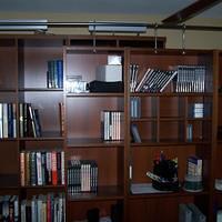 The front set of bookshelves roll on large casters.